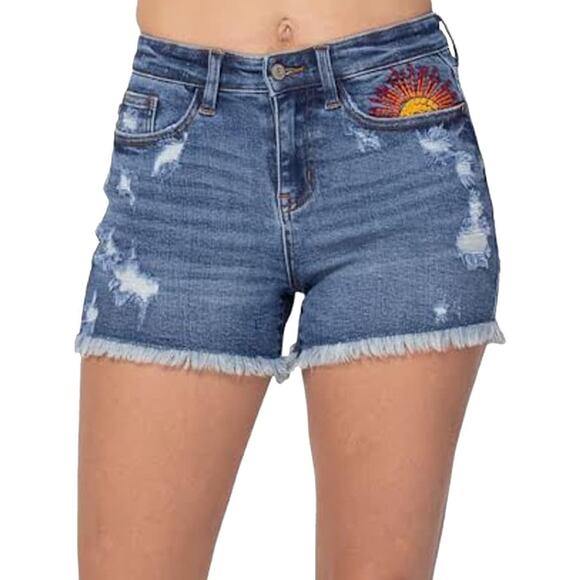 Judy Blue Pants - Judy Blue Medium Wash Distressed Jean Shorts with Sun Embroidery